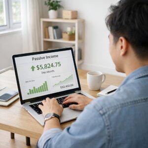 passive income, home office, digital nomad, workspace, modern office, natural light, independence, laptop work, productivity, technology, computer work, financial success, entrepreneur, online business, working from home, monthly income, young professional, self-confidence, reward, confident entrepreneur